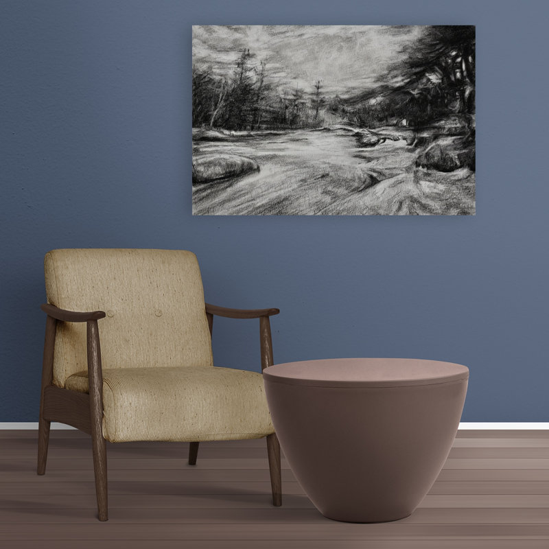 «Moody River Charcoal Tranquil Abstract Contemporary Forest Landscape», reproduction d'art mural, 24" H x 36" W
