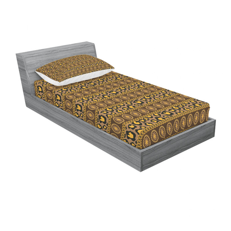 Ensemble de draps Ornament, Ensemble de draps pour lit simple avec un drap-hou, Brun / jaune, motif floral 2