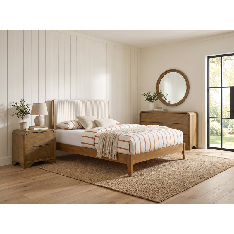 Asher Modern Craft Solid Wood 3 Pieces Fully Assemble Bedroom Set, 3 Pcs: Bed, Dresser, Nightstand, Amber Walnut/Antique Oak