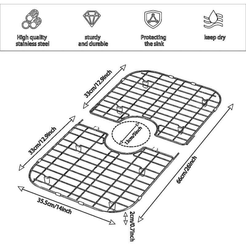 Très grande grille de protection d'évier, garde de fond d'évier en acier inoxydable de 26 po x 14 po avec drain central, support de drainage résistant à la rouille pour la prévention des égratignures et la réduction du bruit