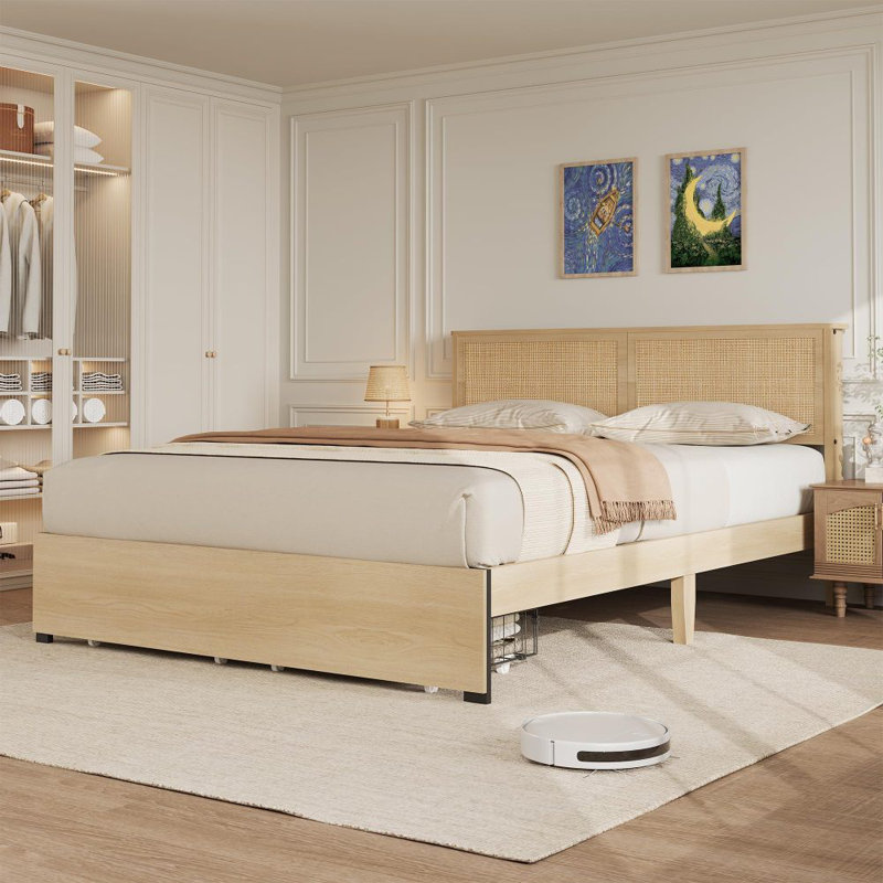Cadre de lit double / grand avec tête de lit en rotin, cadre de lit plateforme, cadre de lit de style Mid-Century avec 2 tiroirs de rangement, grand espace sous le lit, aucun sommier nécessaire, assemblage facile