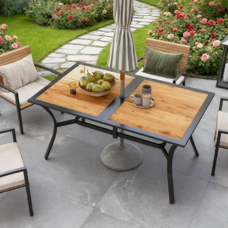 Table de salle à manger rectangulaire stable en faux bois avec trou pour parasol