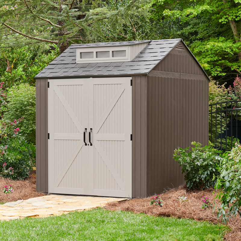 Brown Resin Medium Outdoor Storage Shed with Windows, 7 x 7 ft