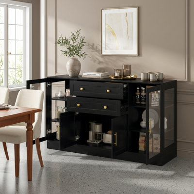 58" Wide Sideboard Buffet With Power Outlet And 4 Doors, Modern Kitchen Storage Cabinet With Adjustable Shelves And Acrylic Panels