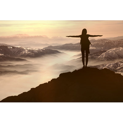 Woman Silhouette At Sunset On Hill by Gece33 - Wrapped Canvas Print