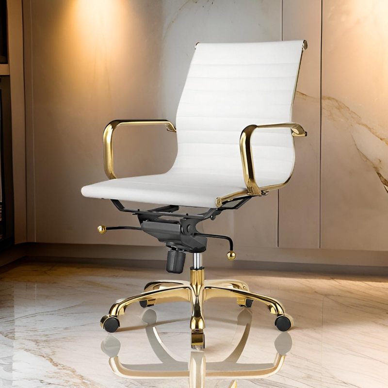 Chaise de bureau Toni à dossier bas avec structure dorée, Blanc