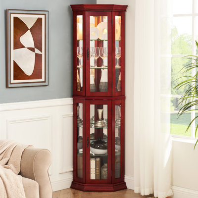 Armoire d'angle en cerisier avec verre trempé et tablette réglable