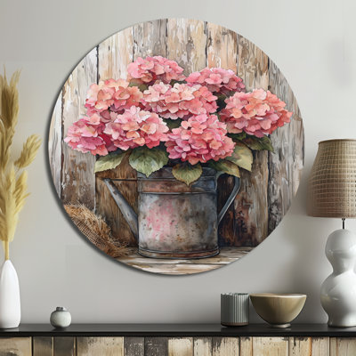 «Rustic Hydrangea Bouquet At The Barn I», reproduction d'art en métal rose traditionnel