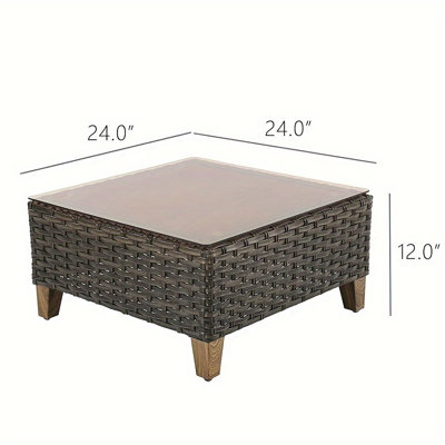 24 Inch Square All-Weather PE Rattan Outdoor Coffee Table, Tempered Glass Top with Radius Corners & Stay-In-Place Grips, Patio Side Table with Adjustable Plastic Stirrup Footrests for Backyard Balcony Poolside