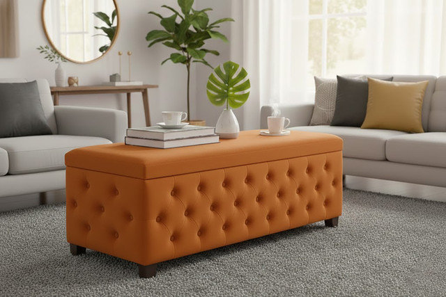 120cm Wide Velvet Standard Ottoman, 137cm W x 40cm D x 45cm H, Burnt Orange