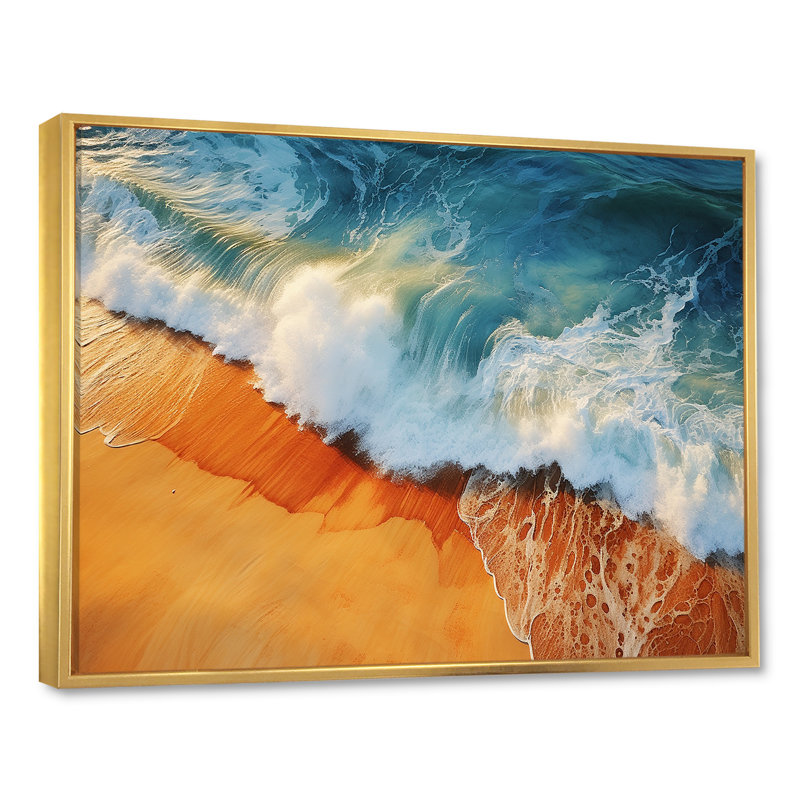 Bleu et orange, vue aérienne rétro de plage II - art mural plage, Cadre flottant doré, H 34 po x l 44 po x P 1,5 po