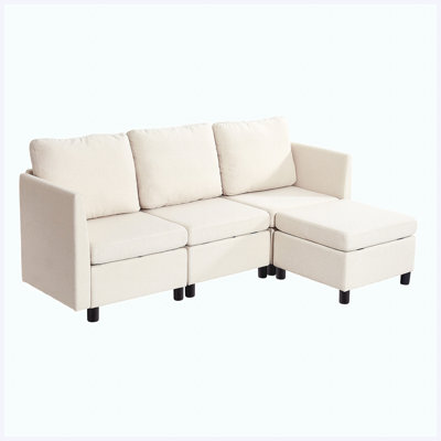 Beige 3-Seater Modular Cloud Sectional Sofa with Hidden Storage, Ottoman & Solid Wood Frame