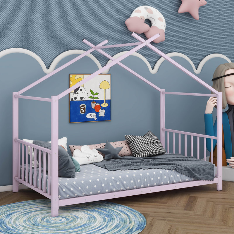 Metal House Bed, Pink 2