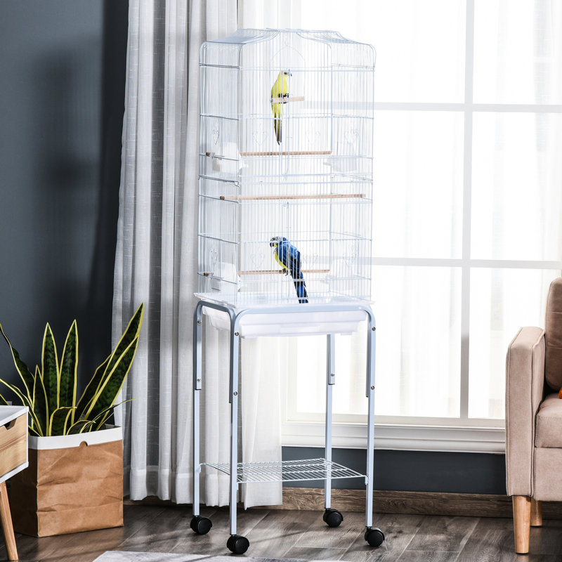 Cage à oiseaux 60 po d'intérieur en métal blanc avec support amovible. Spacieuse pour les petits perroquets et les oiseaux. Options d'accès pratiques. Fabrication. Nettoyage facile. Cage à roues silencieuse portative, blanche. Perroquets perroquets.