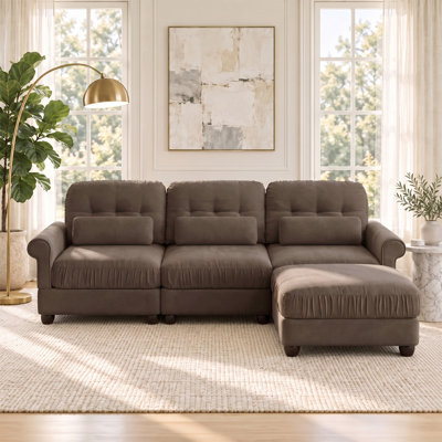 98" Chenille 3-Seater Sofa with Matching Ottoman, Ruffled Seat Edges, Rolled Arms & Lumbar Support Pillows, Plush Firm Cushions, Tufted Upholstered Couch Set for Living Room