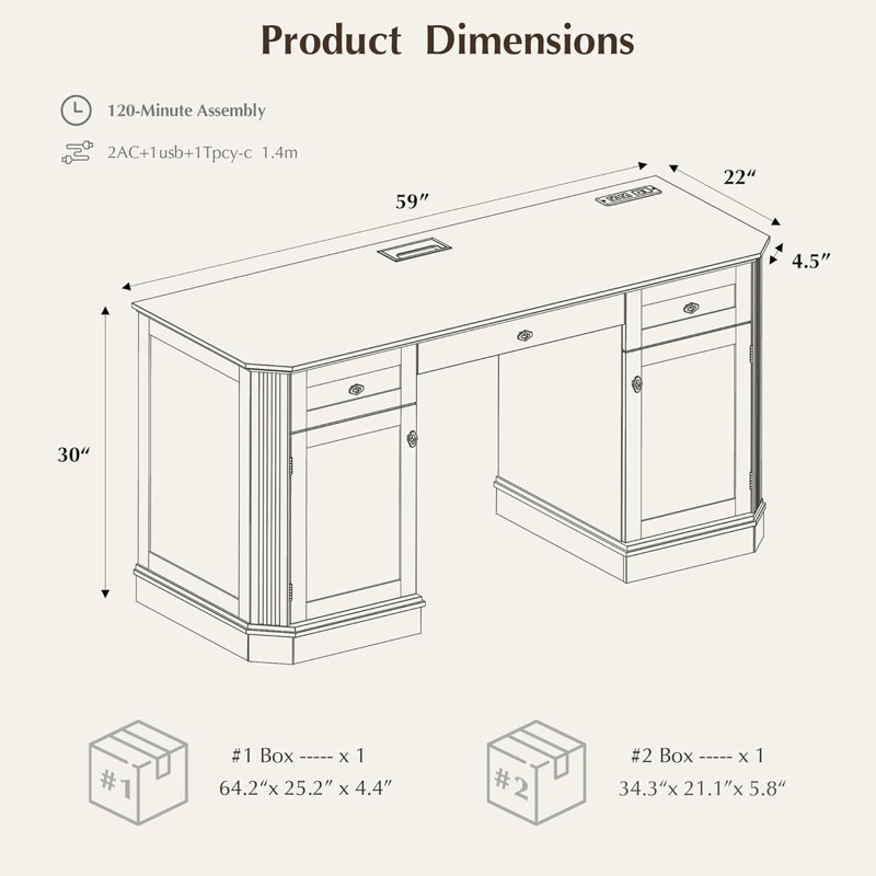 59" Classic Executive Desk With Storage, Victorian Executive Desk With Charging Station, Keyboard Tray, 3 Drawers & 2 Cabinet Storage & 2 Pedestals, Easy Assembly,dark Walnut