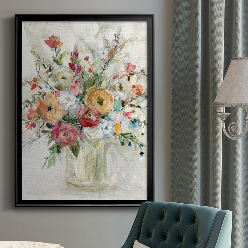 Toile contemporaine encadrée de qualité supérieure avec bouquet contemporain, Noir, H 36,5 po x l 26,5 po