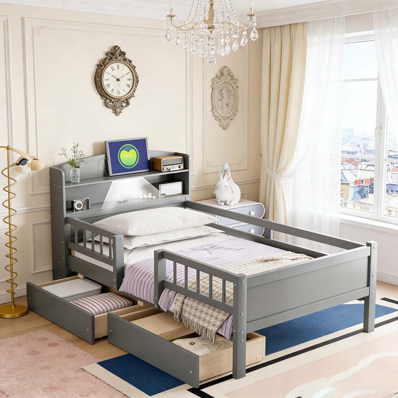 Lit plateforme en bois avec lumière DEL intégrée, Gris