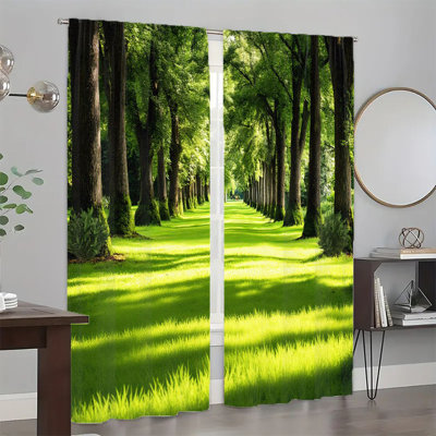 2Pcs Nature Landscape Curtains, Serene Green Forest Pathway Pattern Window Drapes For Living Room Bedroom Kitchen, Rod Pocket Darkening Treatment Decor