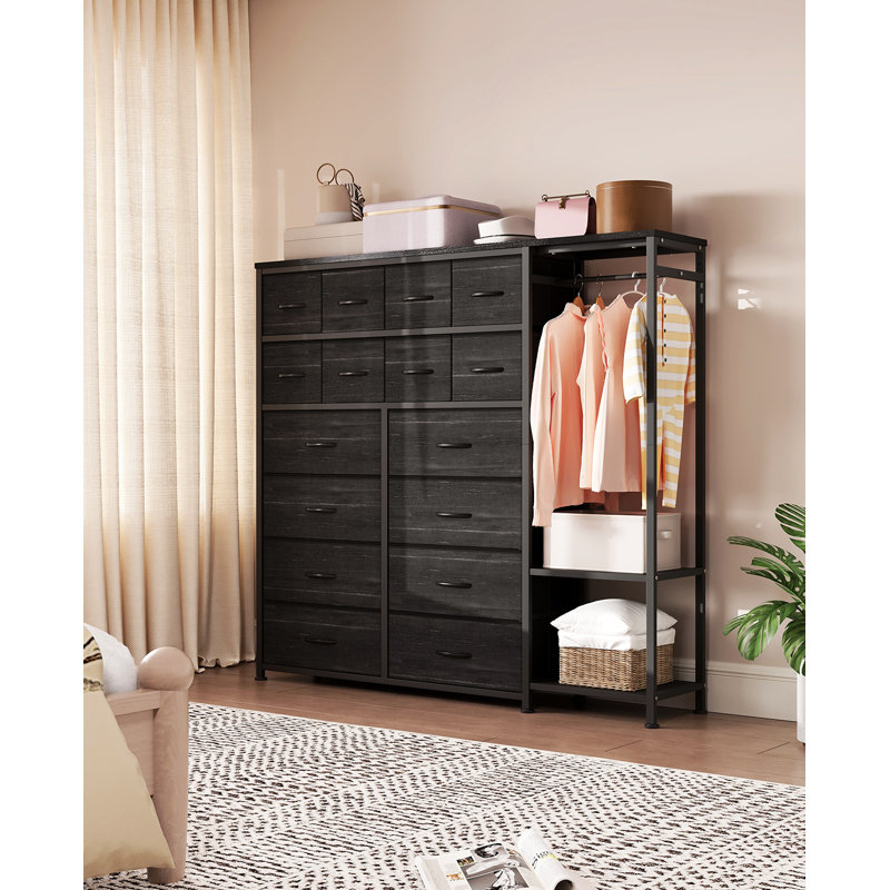 16 Drawers Dresser with Clothes Rack, Fabric Storage Tower Drawers Organizer Unit, Black/Black