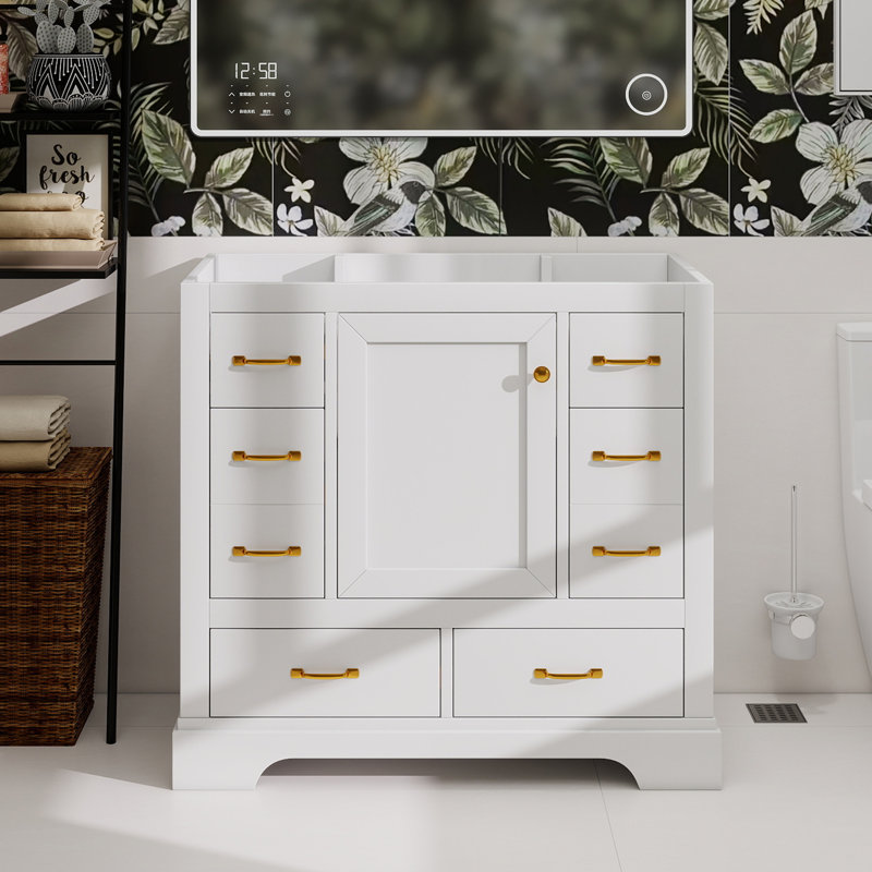 Meuble-lavabo 36 po sans lavabo, base d'armoire seulement, six tiroirs, diviseur de tiroir multifonctionnel, tablette réglable, blanc