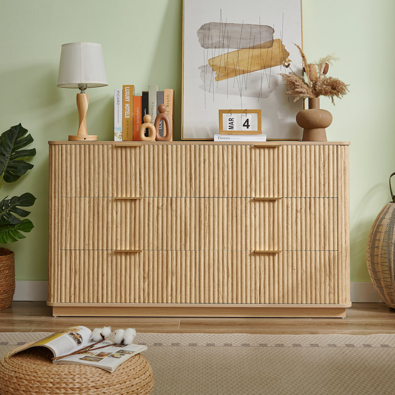 Commode 6 tiroirs, commode ondulée moderne de 55 po de largeur, meuble télé commode, tiroir en bois