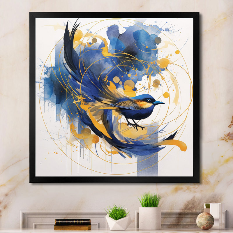 Bleu foncé et or, cercle abstrait, texture V, reproduction sur toile, H 30 po x l 30 po x P 1 po, Cadre simple noir
