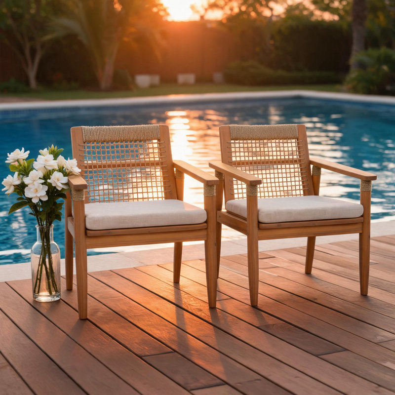 Fauteuils de jardin en bois d'acacia avec dossier en corde, lot de 2