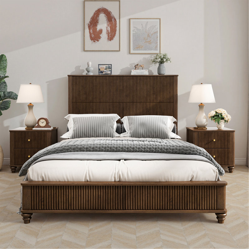 Solid Wood Bed Frame,Queen Platform Bed Frame With Headboard,Tall Headboard Natural Wood Bed ,No Box Spring Needed,Walnut