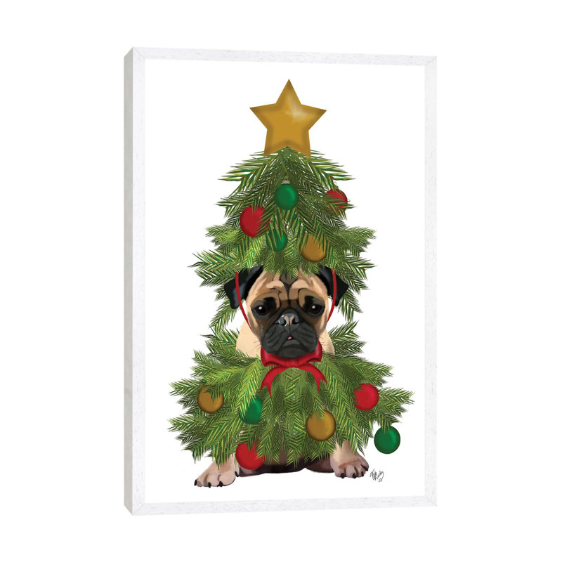 Pug, Christmas Tree Costume - Floater Frame Print on Canvas, White Framed
