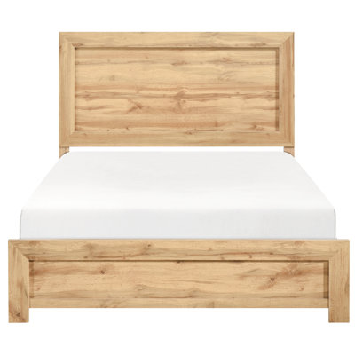 Lit double à panneau au fini naturel pour chambre à coucher, dans une boîte, rustique stratifié à gratter et teinture avec tête de lit incluse, rails, fabrication en bois