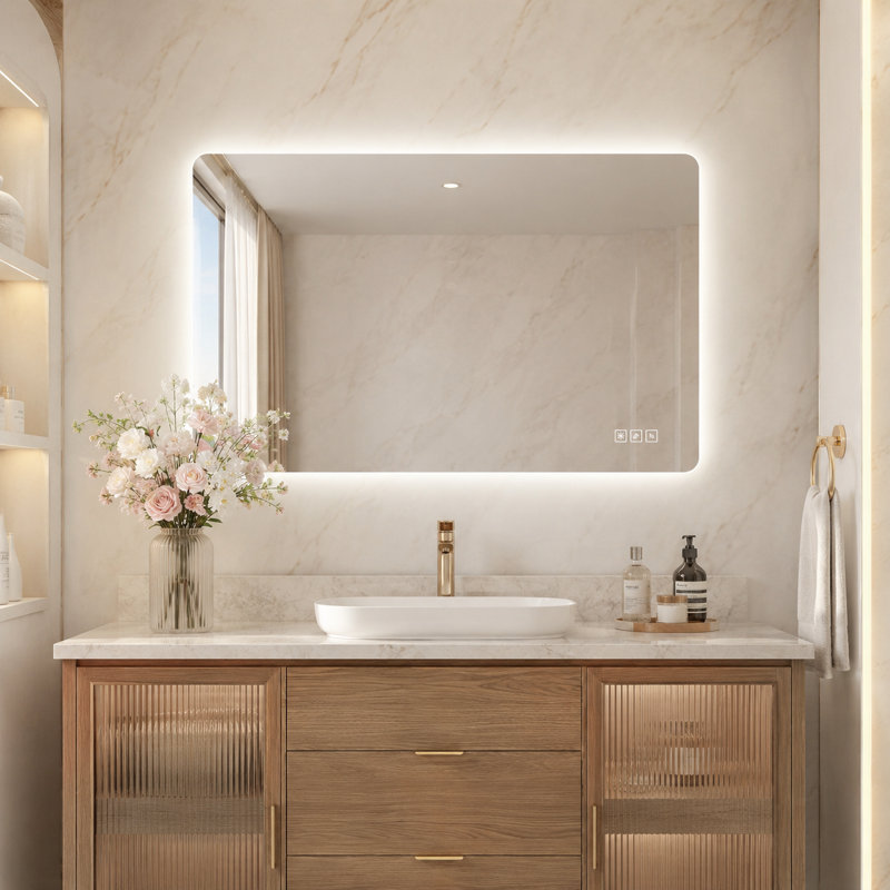 32" H x 24" W Smart LED Lighted Vanity Mirror, Frameless Rounded Wall Mounted Mirror with Memory Function