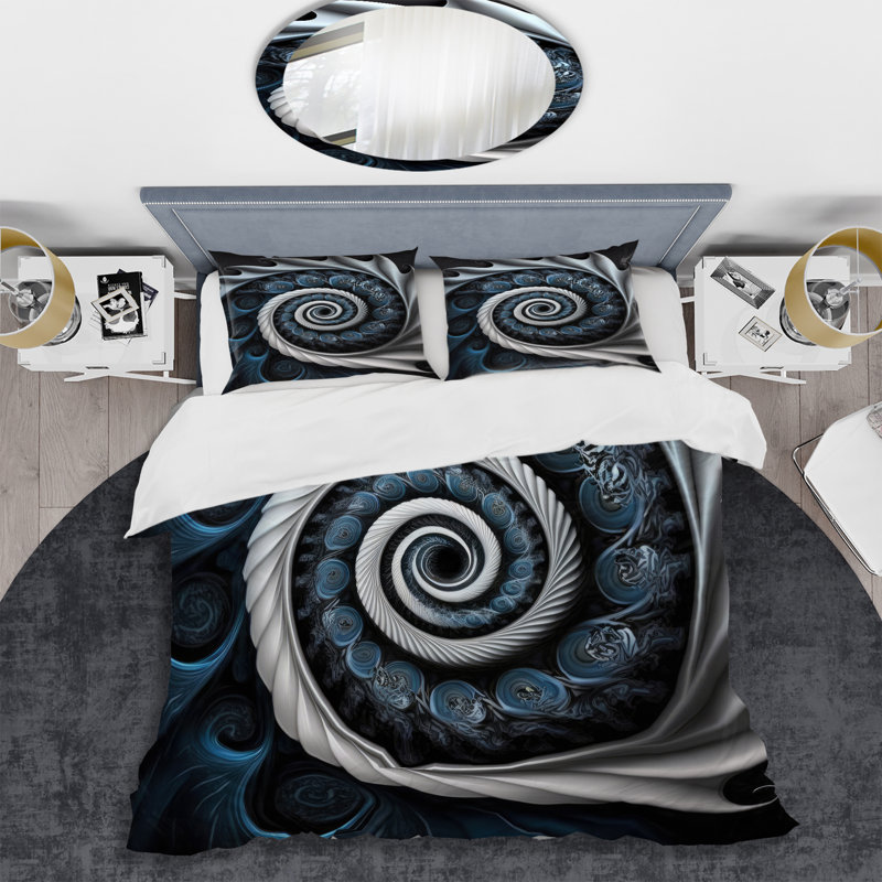 Ensemble de housse de couette spirale moderne en verre coloré bleu et blanc II - Microfibre polyester