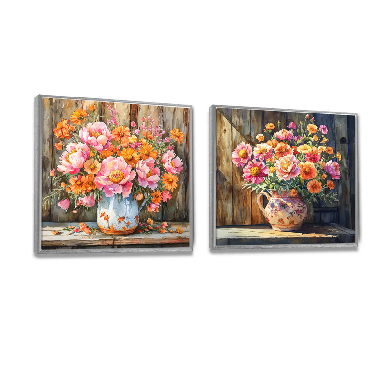 Coucher de soleil pivoines assorties - Bouquets assortis - art mural traditionnel sur toile, 2 pièces, Cadre flottant