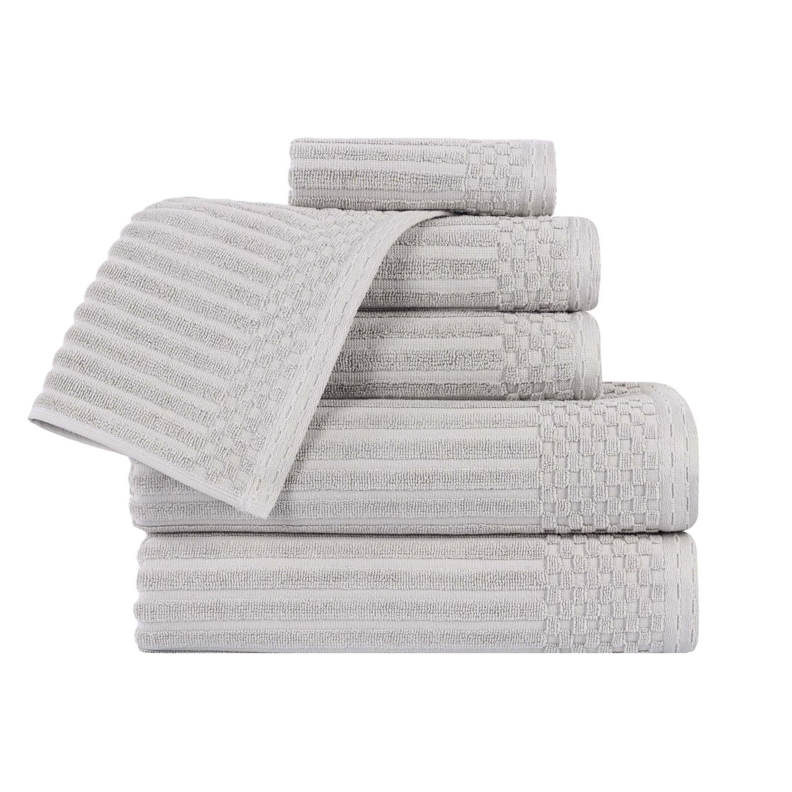 6-Piece Checkered Border Cotton Towel Set, Silver