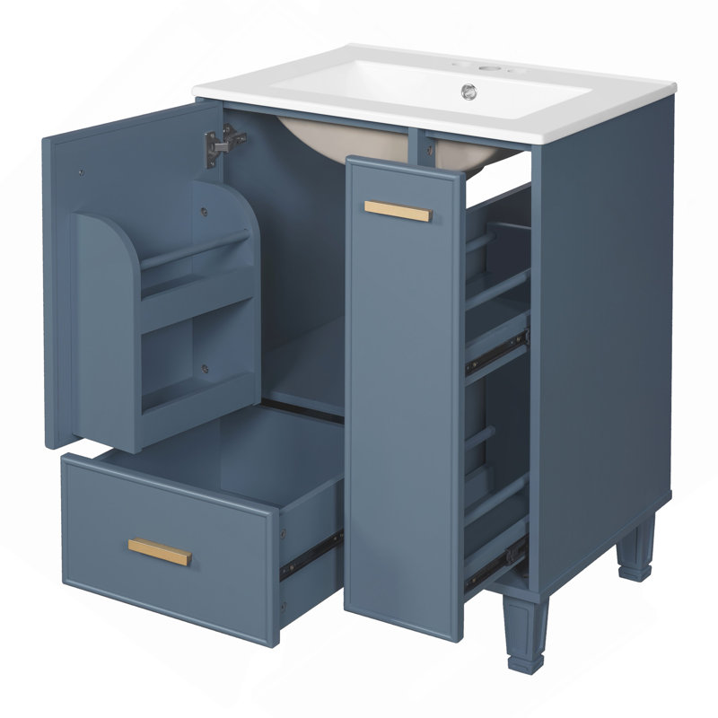 Meuble-lavabo 24 po avec lavabo, armoire de salle de bain avec tablette de porte, tiroir profond, panier coulissant à 2 niveaux, structure en bois massif et panneau de fibres à densité moyenne, bleu gris