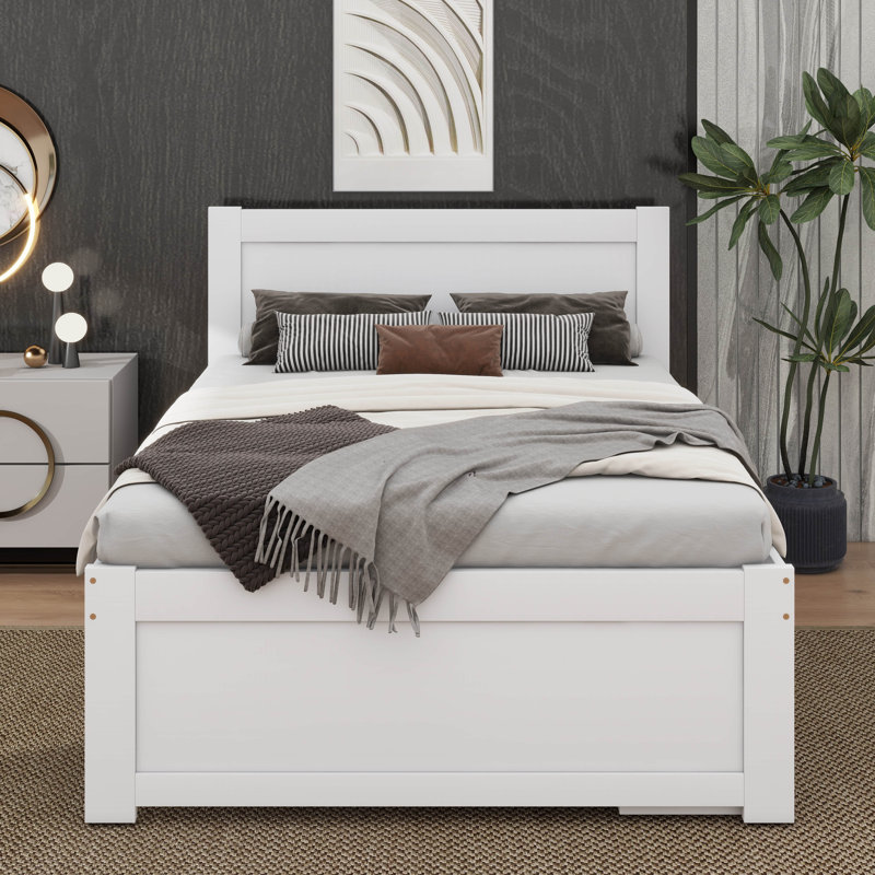 Un lit plateforme avec un tiroir et deux tablettes, Blanc, Double