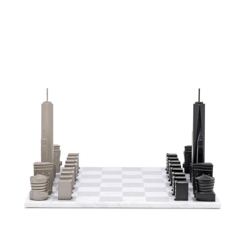 Stainless Steel NEW YORK Chess Set with Marble Hatch Board