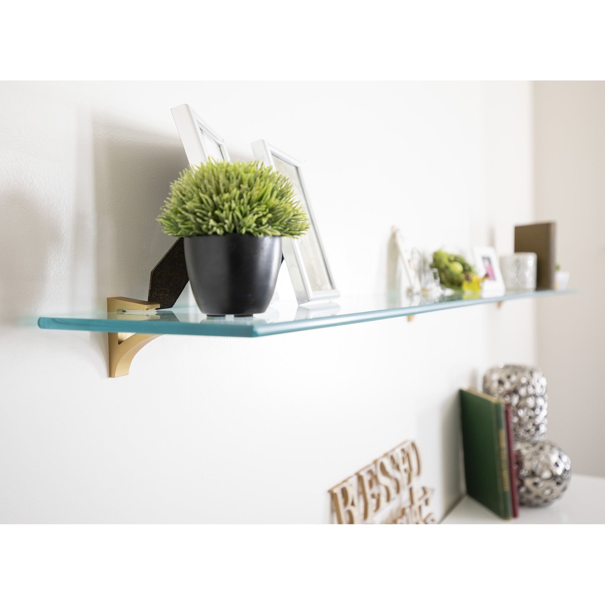 Earlham Tempered Glass Wall Mounted Bracket Shelf, Brass