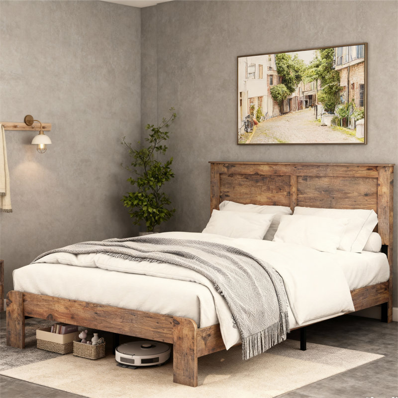 Farmhouse Bed Frame Queen Size，Wooden Platform Bed Frame with Headboard ,No Box Spring Needed,Easy Assembly, Rustic Brown
