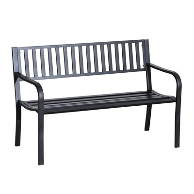 50" Outdoor Metal Garden Bench , Black Patio Seat With Slatted For Backyard, Pool, Lawn. Stable & , Comfy Two, Easy To Clean Occasionally Bench, Surface Poolside, Weather-, Ergonomic Every Once In A