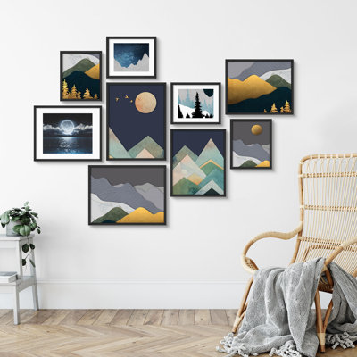 Abstract Mountain Landscape Blue and Gold Geometric Nature-Inspired Scenes Modern Art Small Decor