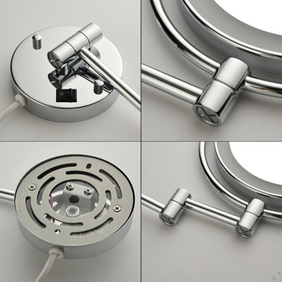 Miroir de maquillage mural grossissant à double face à DEL 8 pouces, extension chromée de 12 pouces, grossissement 1 / 3X, rotation à 360 degrés, miroir de rasage à boutons imperméable