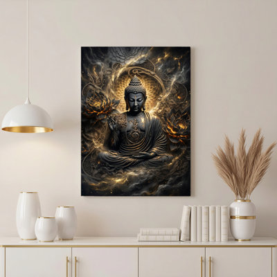 Tableau sur toile tendue représentant un Bouddha avec un lotus et une aura dorée (lot de 1)