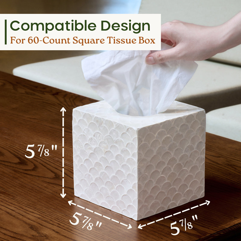 CHI AN HOME 5.9” Capiz Tissue Box Cover, Square Decorative Tissue Holder with Bottom Slider, Handmade Bathroom Accessories, Elegant White Cube for Vanity, Bedroom, Office & Coastal Décor (Natural)