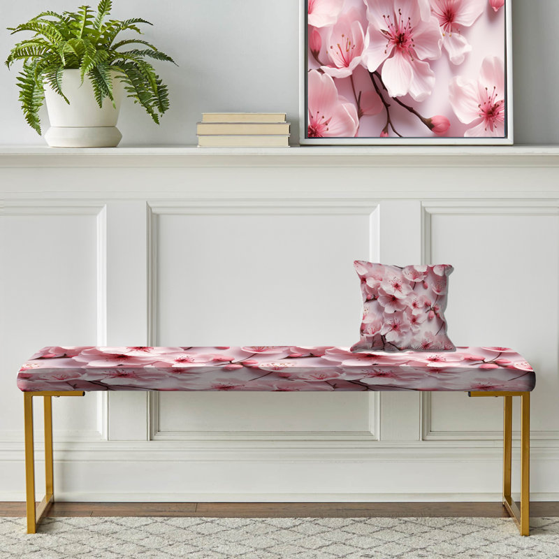 Pink Sakura Blossoms Floral III - Japanese Upholstered Gold Bench