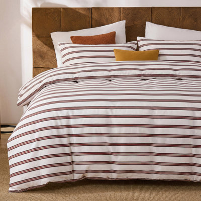 Queen Duvet Cover Set,100% Cotton Double Gauze,Pink Brown Vertical Stripe Muslin Bedding,Soft Airy Breathable Feminine Farmhouse Bedding Set,3 Pieces