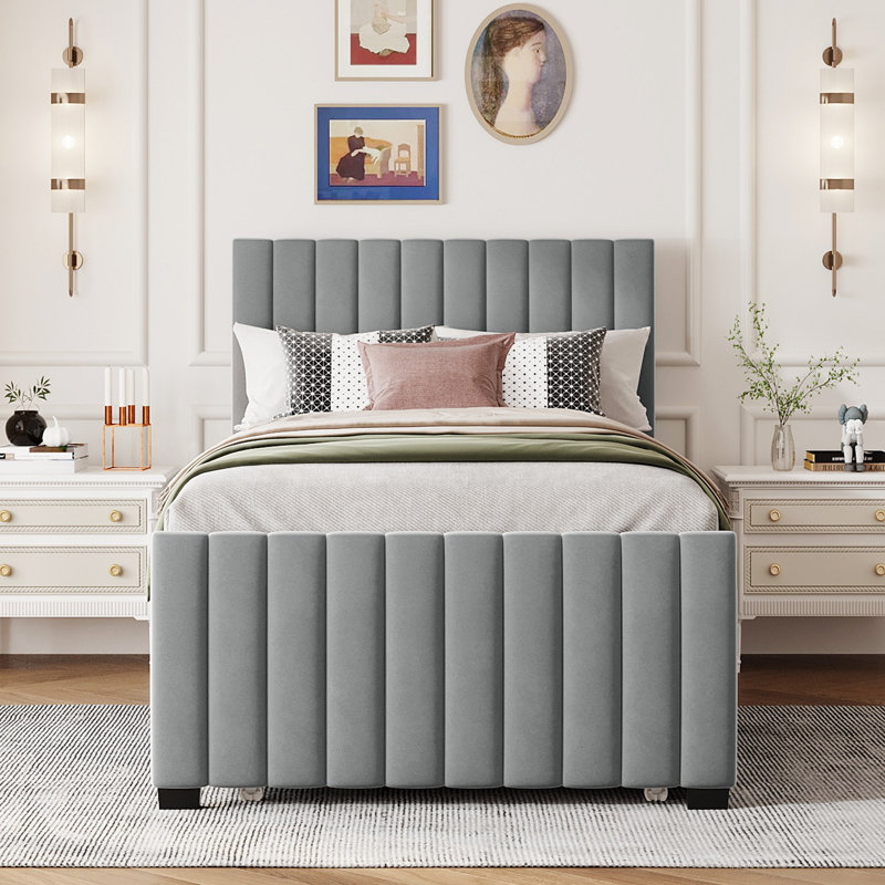 Lit plateforme tapissier en velours avec lit gigogne, Gris, Lit simple