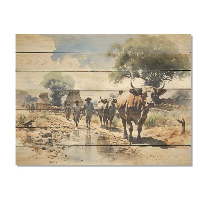 «Dinka» en Afrique - Camp tribal africain sur bois, H 34 po x l 44 po x P 0,78 po