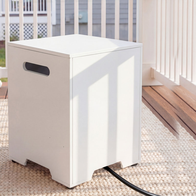 Foyer de table rond au propane en béton de 38 pouces avec couvercle de réservoir et pare-vent, blanc, Blanc